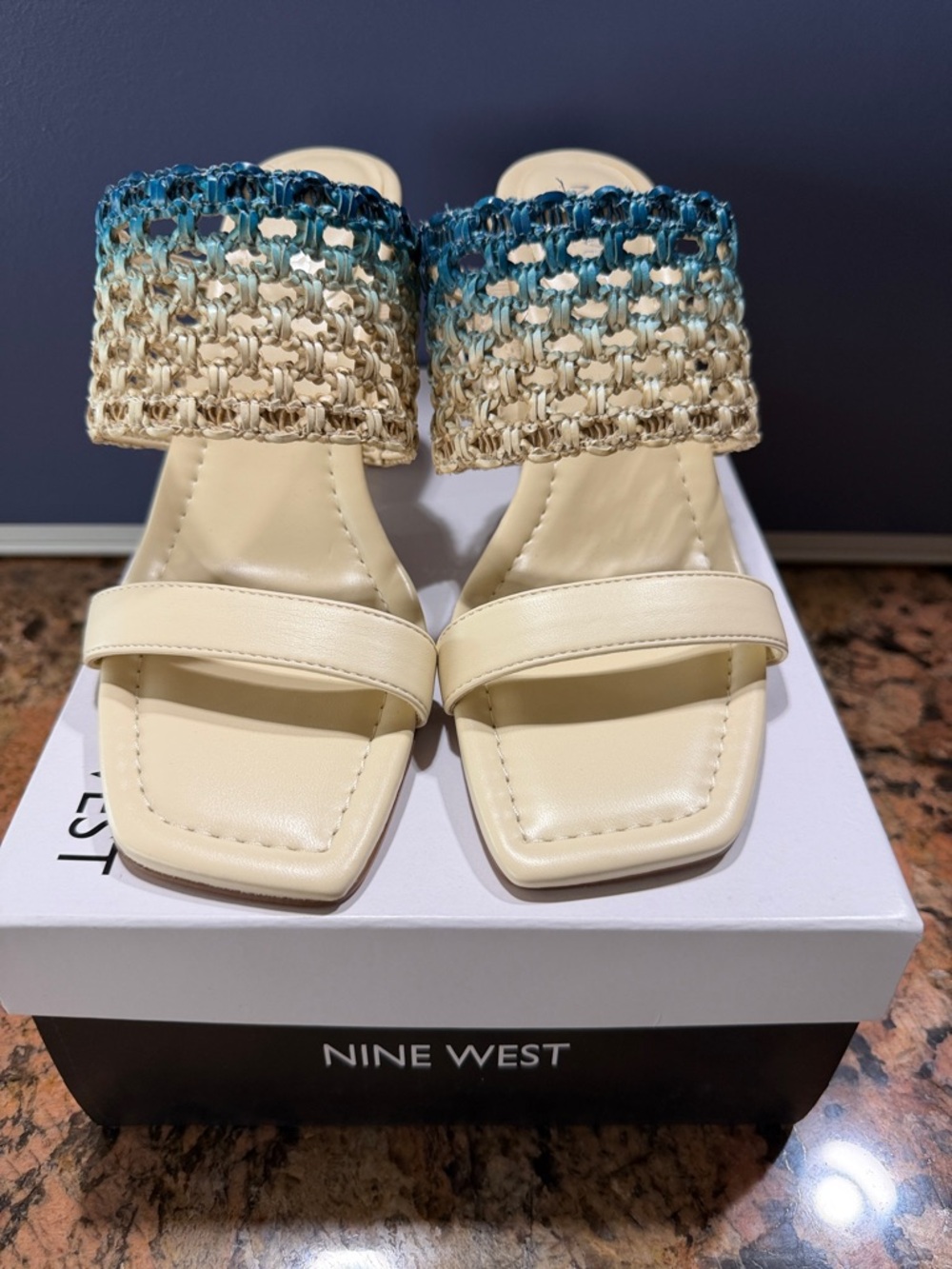 Nine West Cream Slide Sandals with Blue Ombre Woven Strap